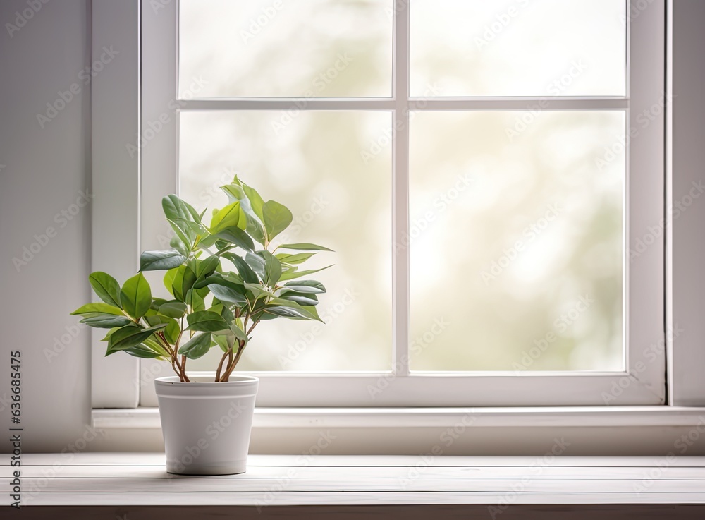 Poster wooden table of free space for your decoration. white big window with spring time. fresh flowers on 