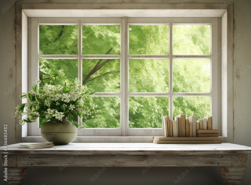 Poster wooden table of free space for your decoration. white big window with spring time. fresh flowers on 