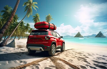 Red summer car on beach with few suitcase and free space for your decoration. Created with Generative AI technology.