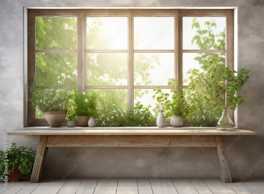 Poster wooden table of free space for your decoration. white big window with spring time. fresh flowers on 