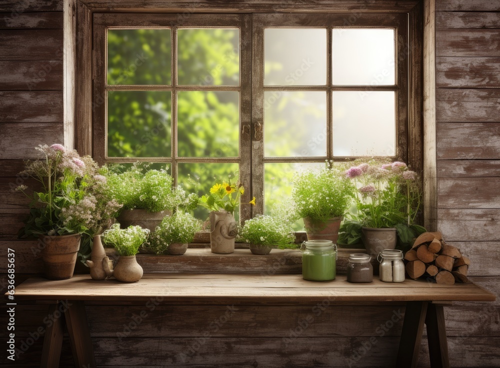 Poster wooden table of free space for your decoration. white big window with spring time. fresh flowers on 