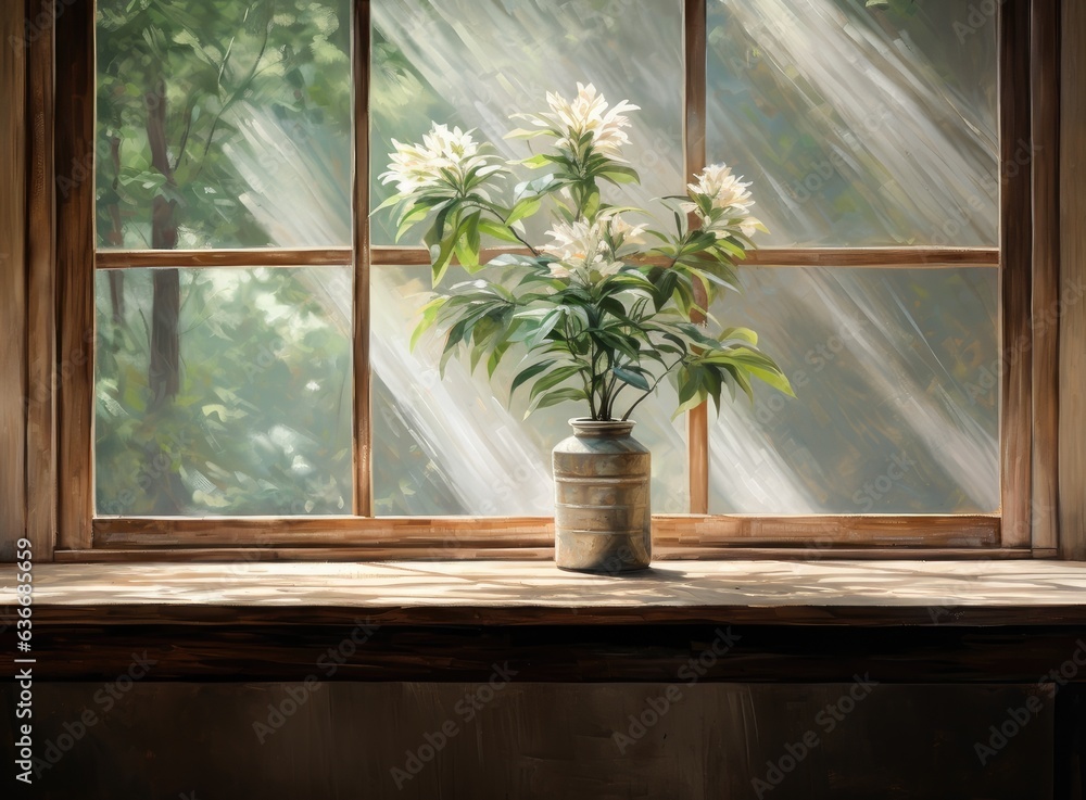 Poster wooden table of free space for your decoration. white big window with spring time. fresh flowers on 