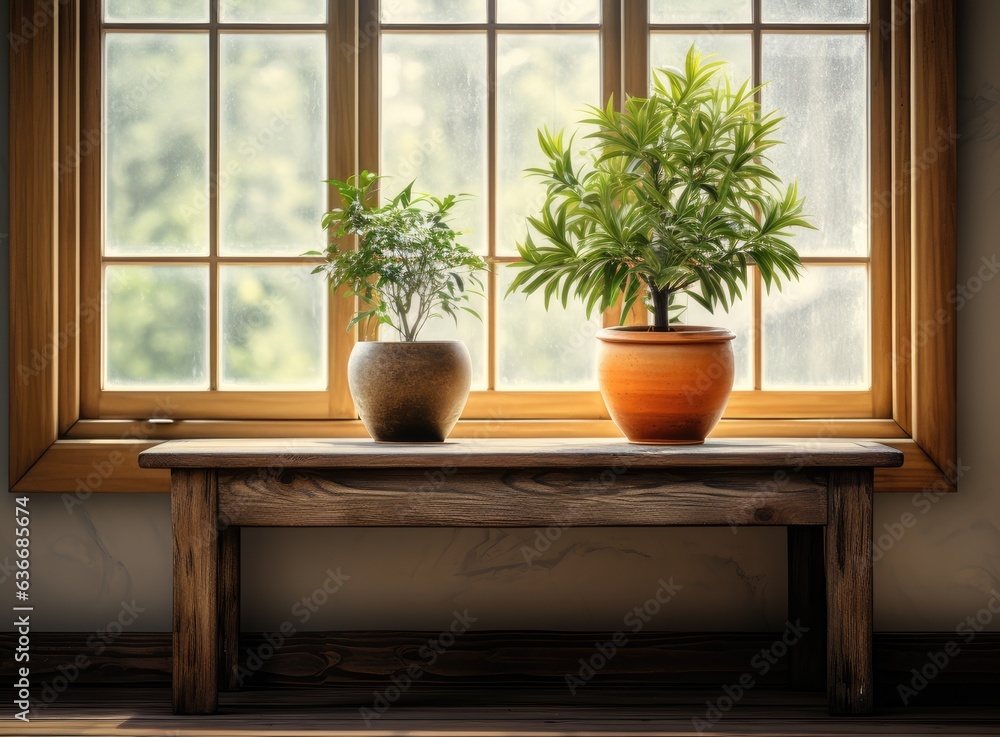 Poster wooden table of free space for your decoration. white big window with spring time. fresh flowers on 