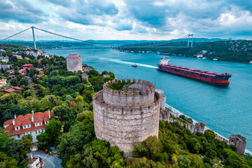 Istanbul, Turkey. Aerial view of the Istanbul Bosphorus. Fatih Sultan Mehmet Bridge and Rumeli Fortress with beautiful view. Drone shot.