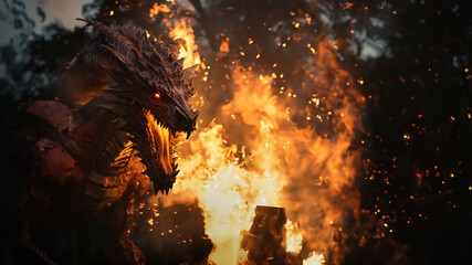 Fototapeta premium Gruseliger Drache mit Zähne und leuchtenden Augen mit Feuer als Hintergrund im Querformat als Banner, ai generativ