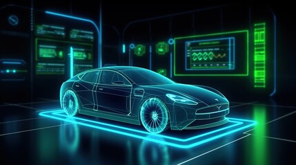 Smart futuristic car hologram HUD UI. Abstract virtual graphic touch user interface.Auto service concept. Scanning and automobile data analysis. AI generated