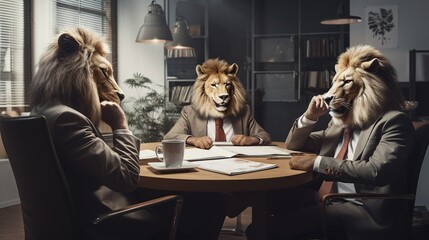 A group of lions in suits sitting at a board meeting, Generative AI