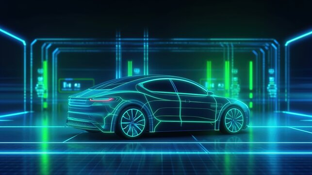 Smart futuristic car hologram HUD UI. Abstract virtual graphic touch user interface.Auto service concept. Scanning and automobile data analysis. AI generated