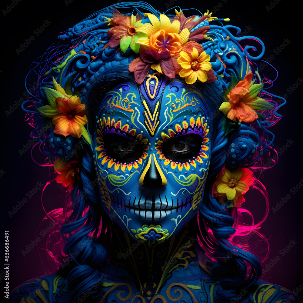 Wall mural beautiful catrina skeleton in blacklight style