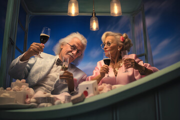 An elderly couple in elegant clothes toasting celebrating anniversary and enjoying life. Emotions, mature relationship and positive aging concept