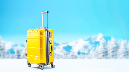 Winter ski resort banner with yellow modern suitcase on blurred snow mountain landscape with blue sky. Winter holidays and enjoying winter vacations in mountains concept. Copy space