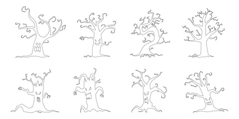 Set of Line art halloween trees.  Halloween Elements and Objects for Design Projects.