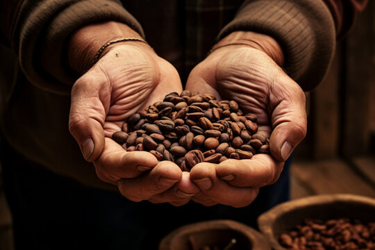 Hands holding coffee beans. Hard working hands, Columbian beans. Imported coffee, aroma and texture. A scoop of coffee beans. Cafe culture, coffee shop image.