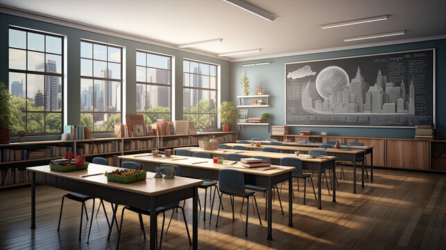 clase de instituto con mesas con libros y sillas iluminada, con pizarra con ilustraciones y grandes ventanales, ilustraci&oacute;n de Ia generativa
