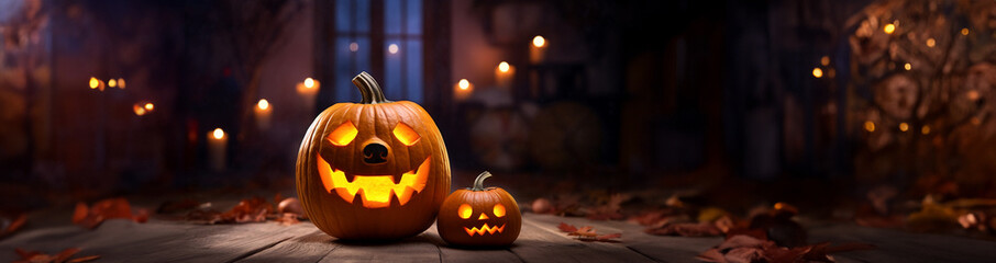 Fototapeta premium Lachender Kürbis mit Gesicht zu Halloween in Querformat für Banner, ai generativ