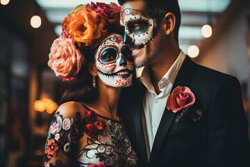  couple wearing a skull halloween costume say of the dead