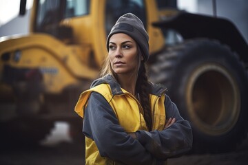 Empowered Performance: Woman Construction Worker Operates Heavy Machinery with Confidence