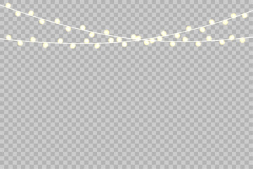  Christmas lights on a transparent background. Realistic garland, glowing light bulbs. Vector illustration.