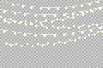  Christmas lights on a transparent background. Realistic garland, glowing light bulbs. Vector illustration.