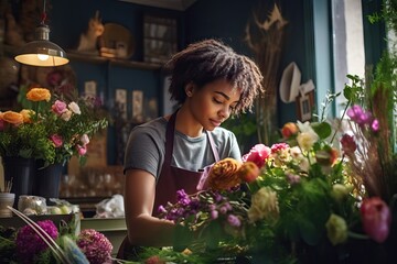 Captivating Floral Creations: Florist's Vibrant Attire in Charming Boutique - obrazy, fototapety, plakaty