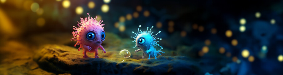 Fototapeta na wymiar Putzige kleine Mikro Monster Viren Cartoons in bunten Farben mit Glubbschis in Querformat für Banner, ai generativ