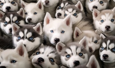 Curious Husky Puppies - Muzzles of Blue-Eyed Siberian Huskies