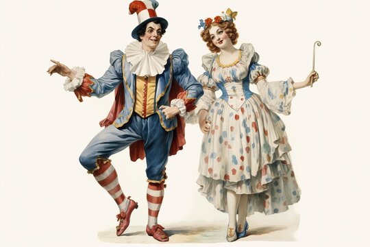 Theatrical Dance of Harlequin and Colombina - Illustration of Dancing Characters