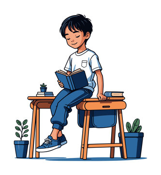 A boy sitting on the table and reading a book. Vector illustration