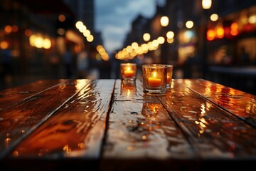 Blend of wooden table and bokeh night street blur—captivating, ambient contrast Generative AI