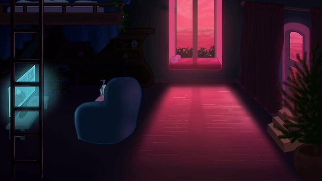 Woman sitting in a loft apartment in cozy armchair watching TV on sunset. Idyllic home. Relaxing atmosphere of Friday night. Weekend. Pink dusk. Cartoony animation. Animated cartoon. Film grain pixel.