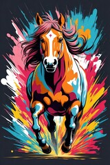  Horse running. T-shirt art ready for print colorful graffiti illustration of a stallion, frontal perspective, action shot, vibrant color, high detail