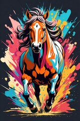 Fototapeta na wymiar Horse running. T-shirt art ready for print colorful graffiti illustration of a stallion, frontal perspective, action shot, vibrant color, high detail