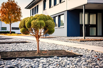 Single small tree in dead boring gravel garden in front of a residential building, made with generative ai