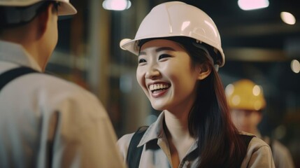 Smiling asian female mechanical engineer talking to her colleagues