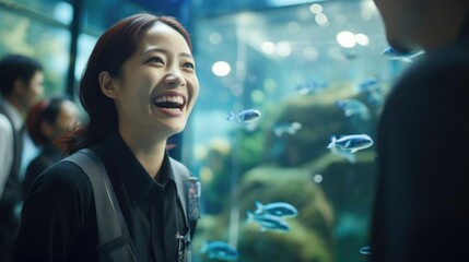 Smiling asian female marine biologist talking to her colleagues