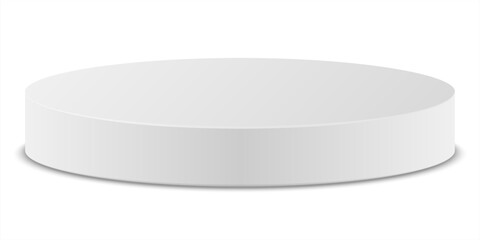 Empty white round podium or modern platform. Abstract 3d cylinder pedestal or product display stand. Light scene for cosmetic product display advertising, showcase. Mockup or showroom arena.