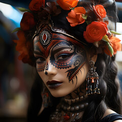 teenager mexican girl face painted like catrina day of the dead