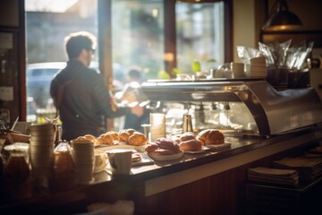 Small cozy cafe coffee shop bakery business enterprise interior sunny morning light proud happy barista offers cheap hot tasty cocoa latte cappuccino americano espresso croissants donuts to customers