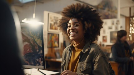Smiling black female artist talking to her colleagues - obrazy, fototapety, plakaty