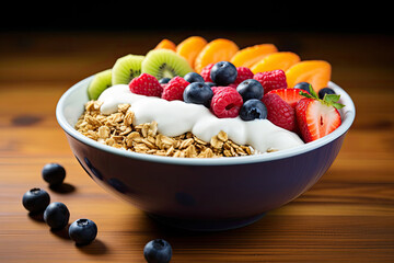 A  bowl with an assortment of fresh, ripe fruit, including strawberries, blueberries, raspberries, mango, kiwi and grapes, with a spoonful of Greek yogurt and a sprinkle of granola, 