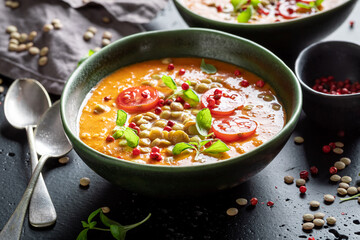Homemade lentil soup as spicy and healthy appetizer.