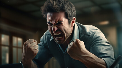 an office worker clenching their fists in frustration as they encounter a challenging problem