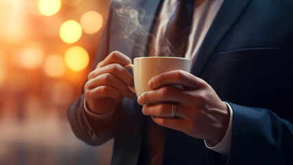 An image of an office worker clutching a steaming cup of coffee