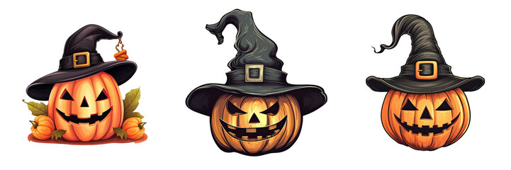 Halloween design featuring a smiling pumpkin in a black witches hat with a golden buckle on an transparent background with the words Happy Halloween and trick or treat