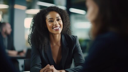 Smiling black female economist talking to her colleagues - obrazy, fototapety, plakaty