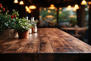 Brown wood table on blurred backdrop, perfect for showcasing products in coffeehouse Generative AI