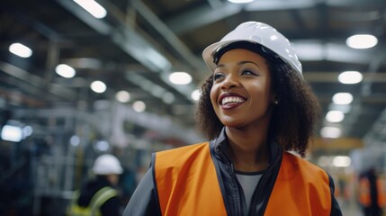 Smiling black female engineer talking to her colleagues - obrazy, fototapety, plakaty