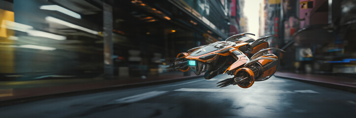 Obraz premium Lufttaxi eine Drohne mit Stadthintergrund in Querformat für Banner, ai generativ