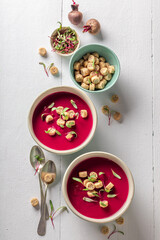 Spicy borsch soup made of local vegetables.