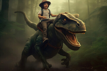 A boy riding a tyrannosaurus rex dinosaur